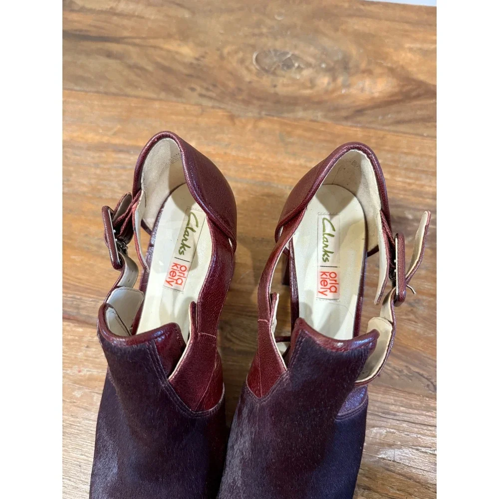 Vintage Clarks Orla Kiely Burgundy Leather Brown Hair Platform Heel Shoes 9.5